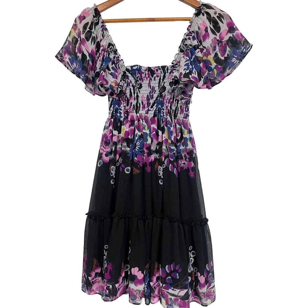 Black and Purple Floral Smock Dress Flowy Sleeves sz S